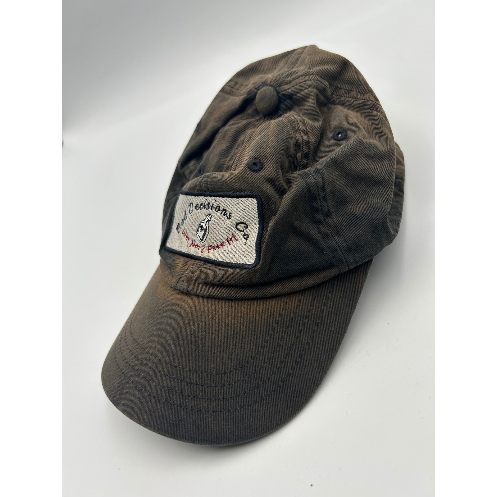 Bad Decisions Co Yupoong Faded Black Brown Strapback Dad Hat Why Not Cap